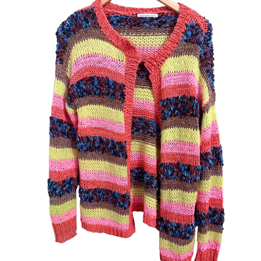 Mustard Seed Colorful Striped Textured Open Front Cardigan Sweater